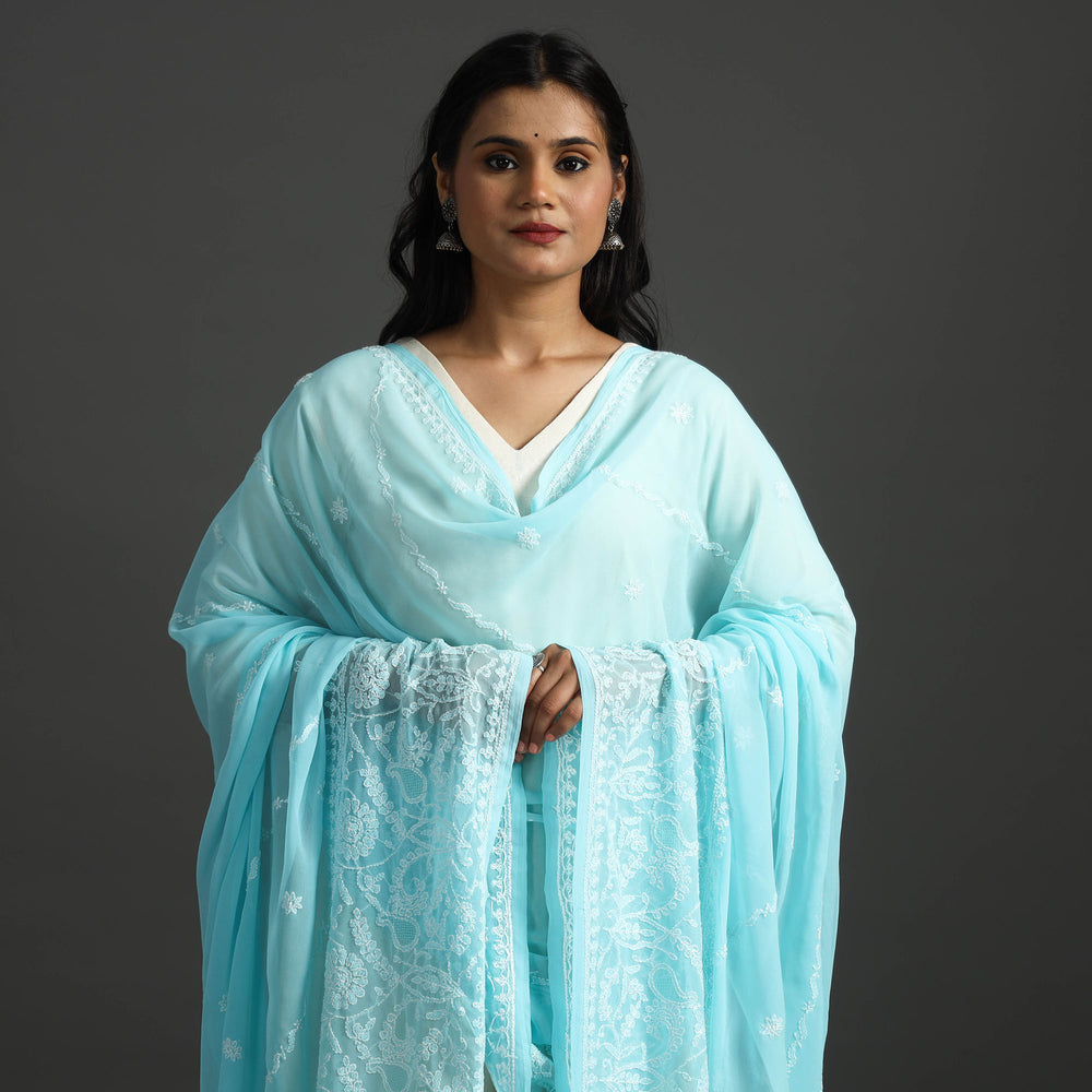 Blue - Lucknow Chikankari Tepchi Embroidery Georgette Dupatta 28