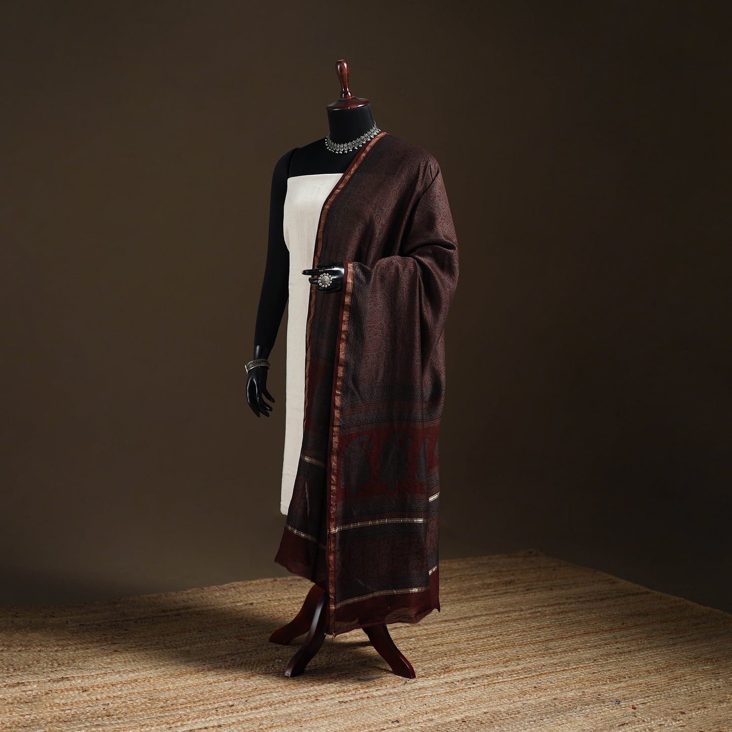 Brown - Bagh Hand Block Print Natural Dyed Chanderi Silk Handloom Dupatta 11