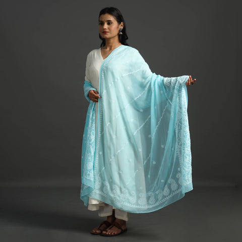 Blue - Lucknow Chikankari Tepchi Embroidery Georgette Dupatta 28