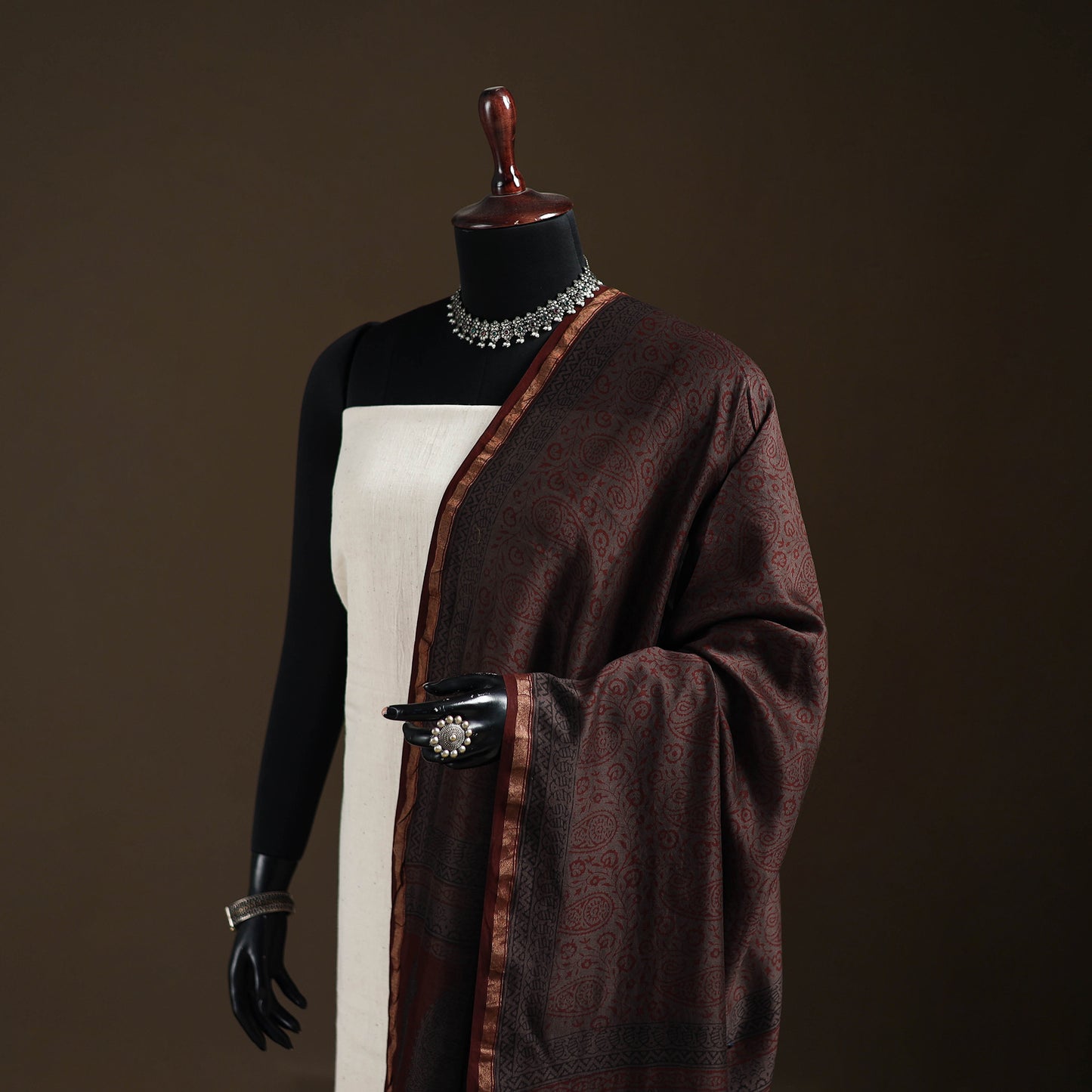 Brown - Bagh Hand Block Print Natural Dyed Chanderi Silk Handloom Dupatta 11