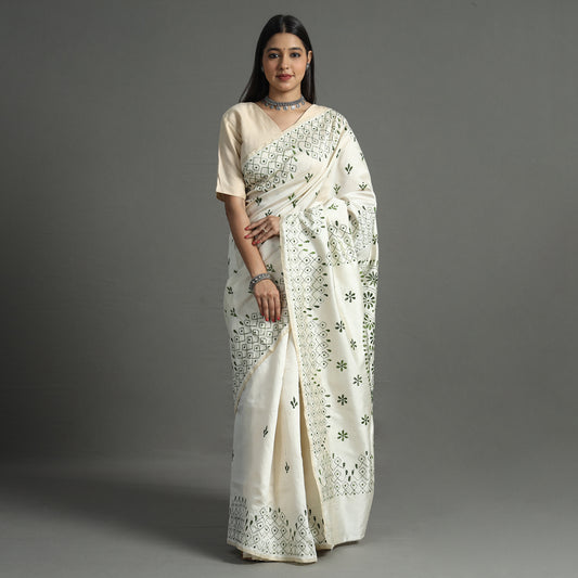 White - Bengal Nakshi Kantha Embroidery Silk Saree 05