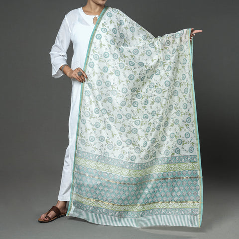 Green  - Sanganeri Block Printed Chanderi Silk Zari Border Dupatta