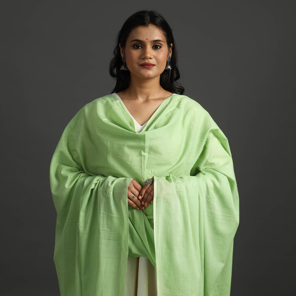 Green - Lucknow Chikankari Hand Embroidery Cotton Dupatta 31