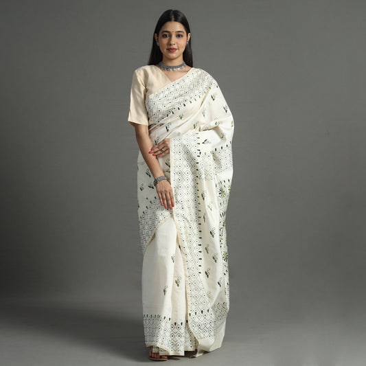 White - Bengal Nakshi Kantha Embroidery Silk Saree 06
