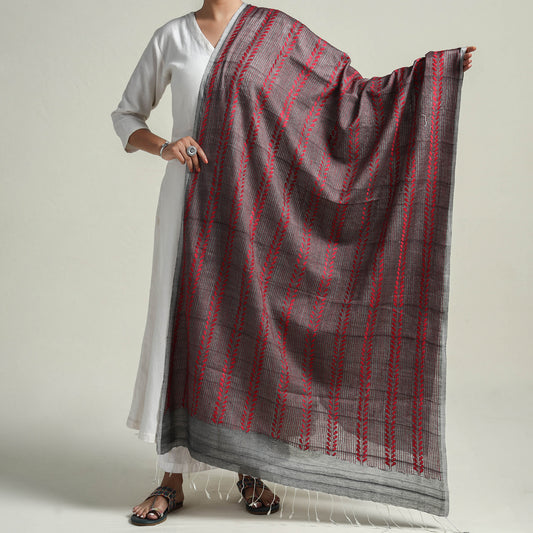 Bengal Kantha Embroidery Silk Cotton Dupatta with Tassels 08