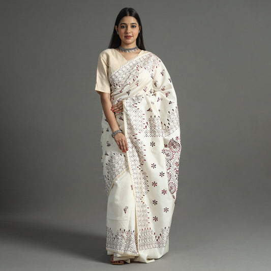 White - Bengal Nakshi Kantha Embroidery Silk Saree 07