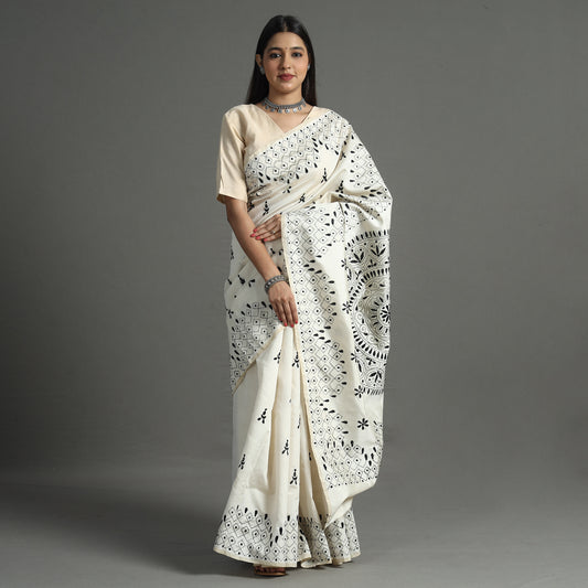 White - Bengal Nakshi Kantha Embroidery Silk Saree 08