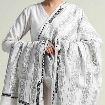 White - Bengal Kantha Embroidery Cotton Dupatta with Tassels 26
