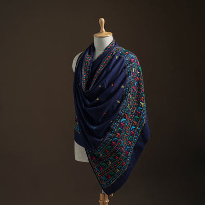 Blue - Hand Embroidered Phulkari Wool Shawl 01