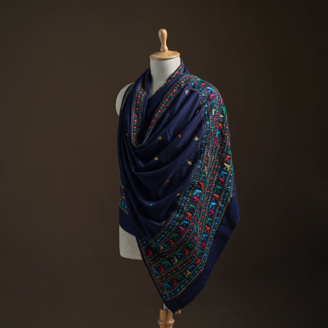Blue - Hand Embroidered Phulkari Wool Shawl 01