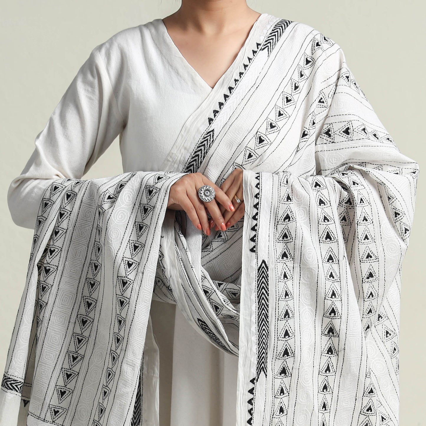 White - Bengal Kantha Embroidery Cotton Dupatta with Tassels 25