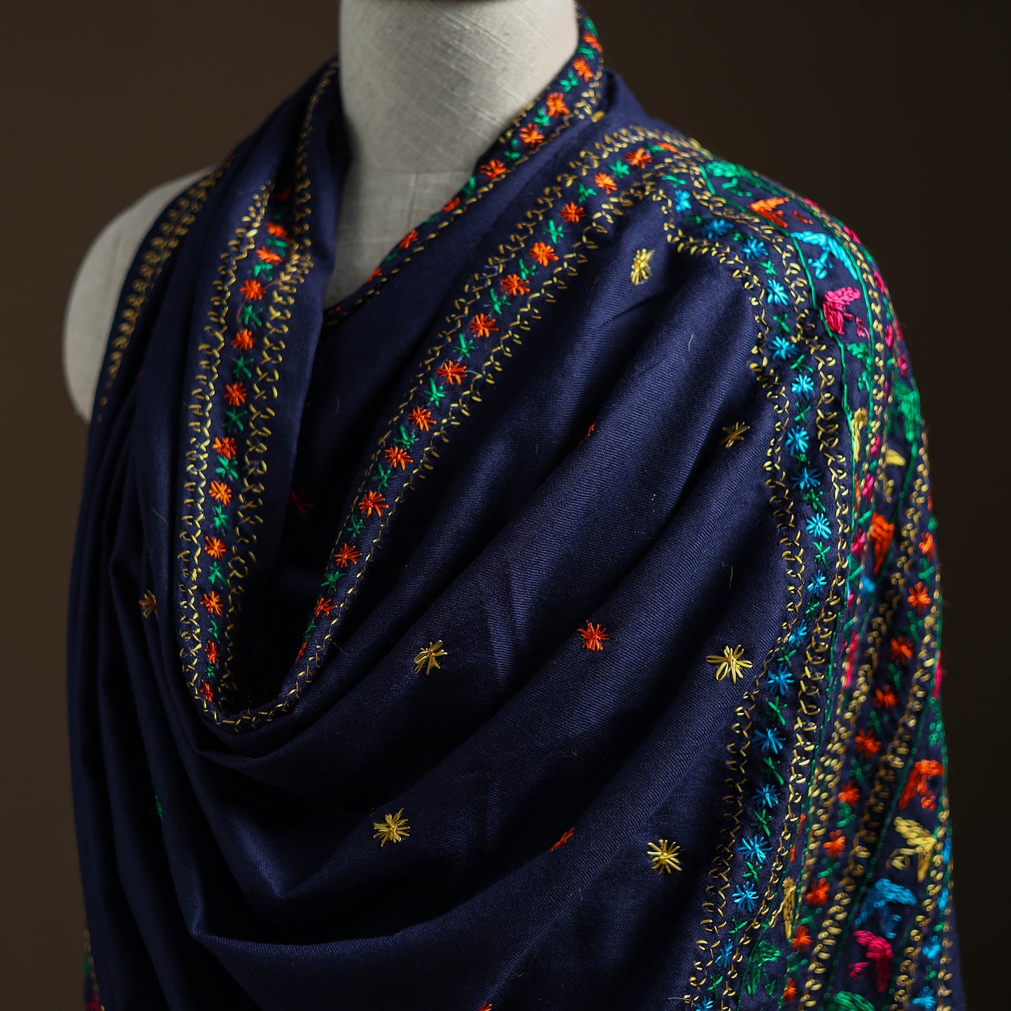 Blue - Hand Embroidered Phulkari Wool Shawl 01