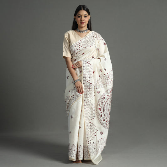 White - Bengal Nakshi Kantha Embroidery Silk Saree 09