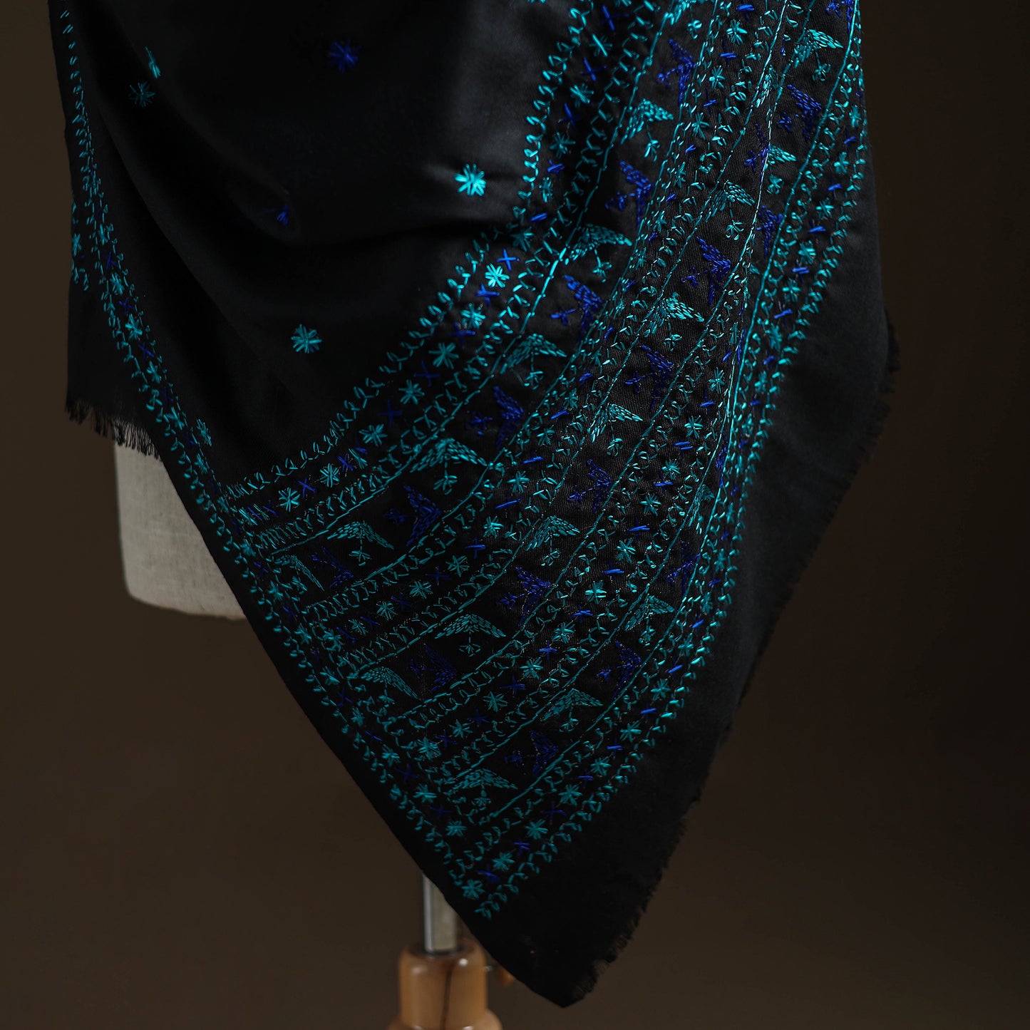 Black - Hand Embroidered Phulkari Wool Shawl 02