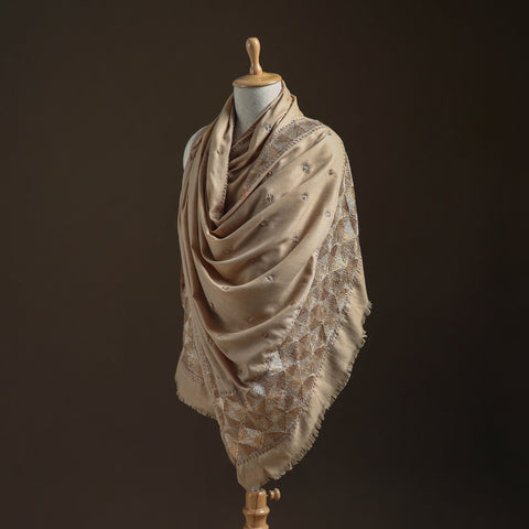 Beige - Hand Embroidered Phulkari Wool Shawl 03