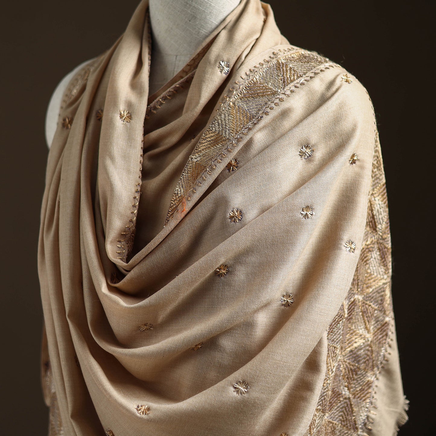 Beige - Hand Embroidered Phulkari Wool Shawl 03