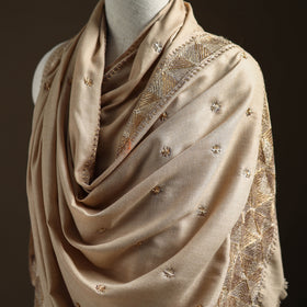 Beige - Hand Embroidered Phulkari Wool Shawl 03