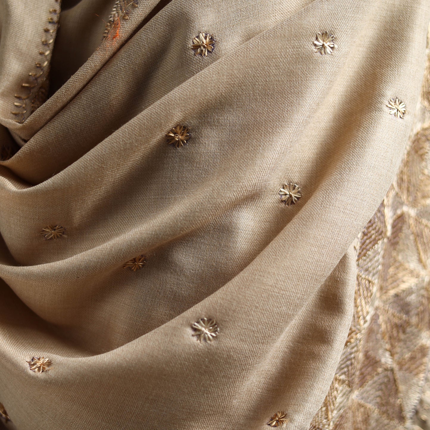 Beige - Hand Embroidered Phulkari Wool Shawl 03