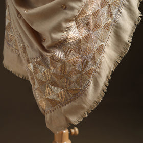 Beige - Hand Embroidered Phulkari Wool Shawl 03
