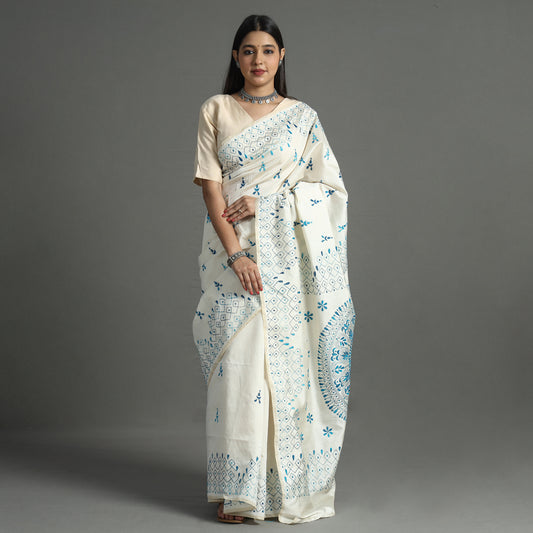 White - Bengal Nakshi Kantha Embroidery Silk Saree 10