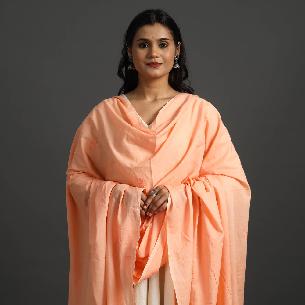 Orange - Lucknow Chikankari Hand Embroidery Cotton Dupatta 30