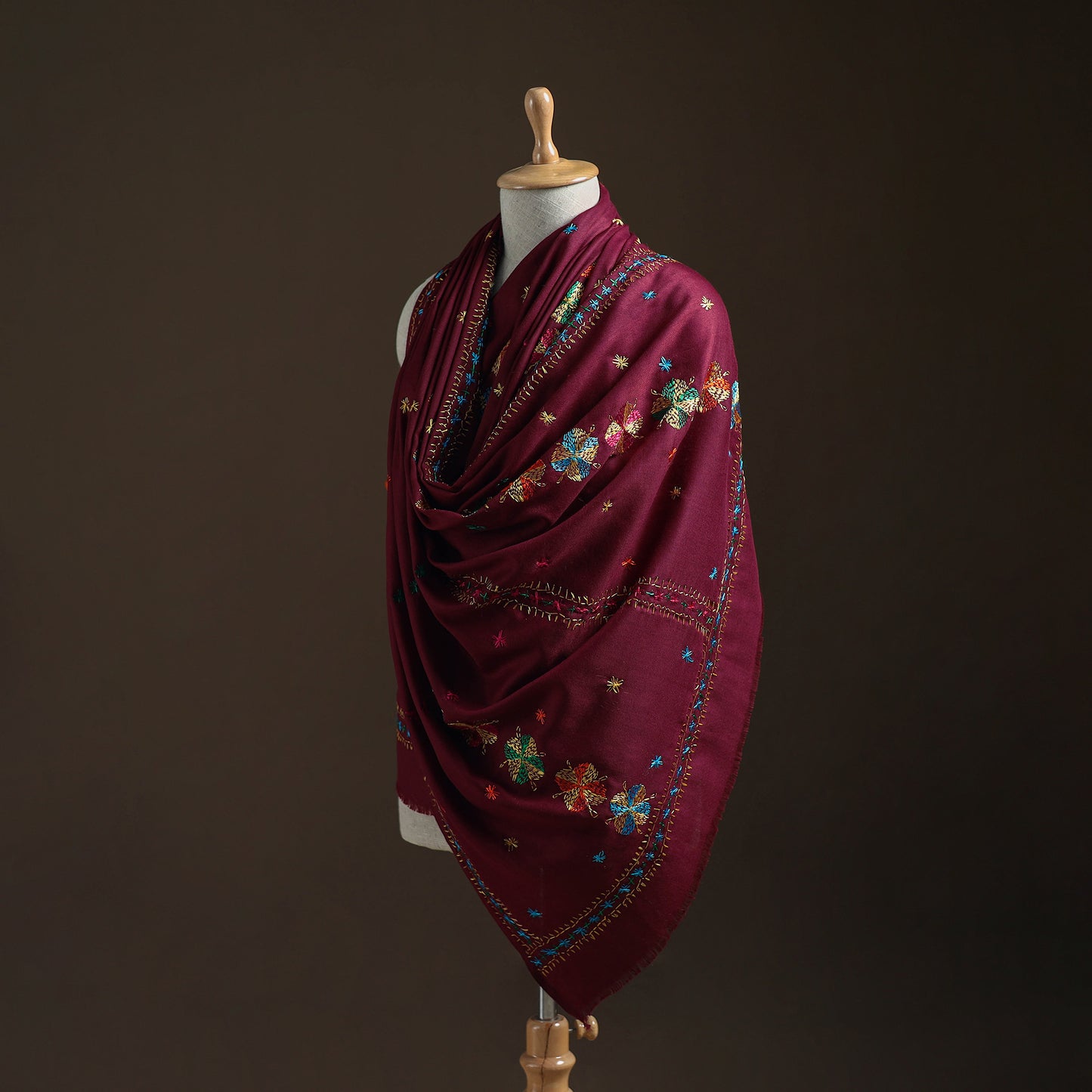 Purple - Hand Embroidered Phulkari Wool Shawl 05
