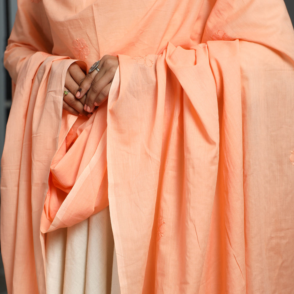 Orange - Hand Embroidered Cotton Lucknow Chikankari Dupatta 10