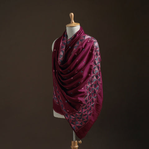 Purple - Hand Embroidered Phulkari Wool Shawl 06