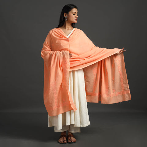 Orange - Lucknow Chikankari Hand Embroidery Cotton Dupatta 38