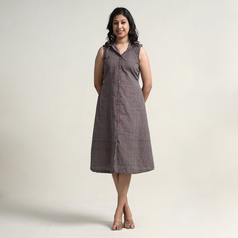 Brown - Plain Handloom Cotton Collared Neck Buttoned Down Dress