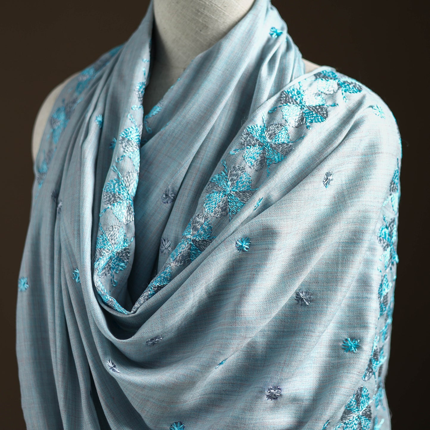 Blue - Hand Embroidered Phulkari Wool Shawl 07