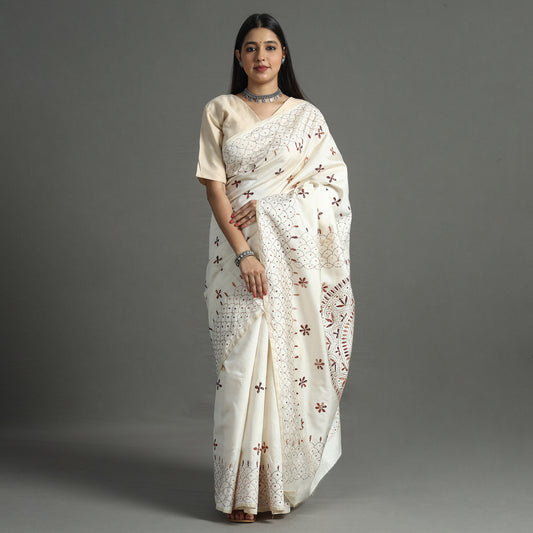 White - Bengal Nakshi Kantha Embroidery Silk Saree 12