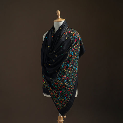 Black - Hand Embroidered Phulkari Wool Shawl 08