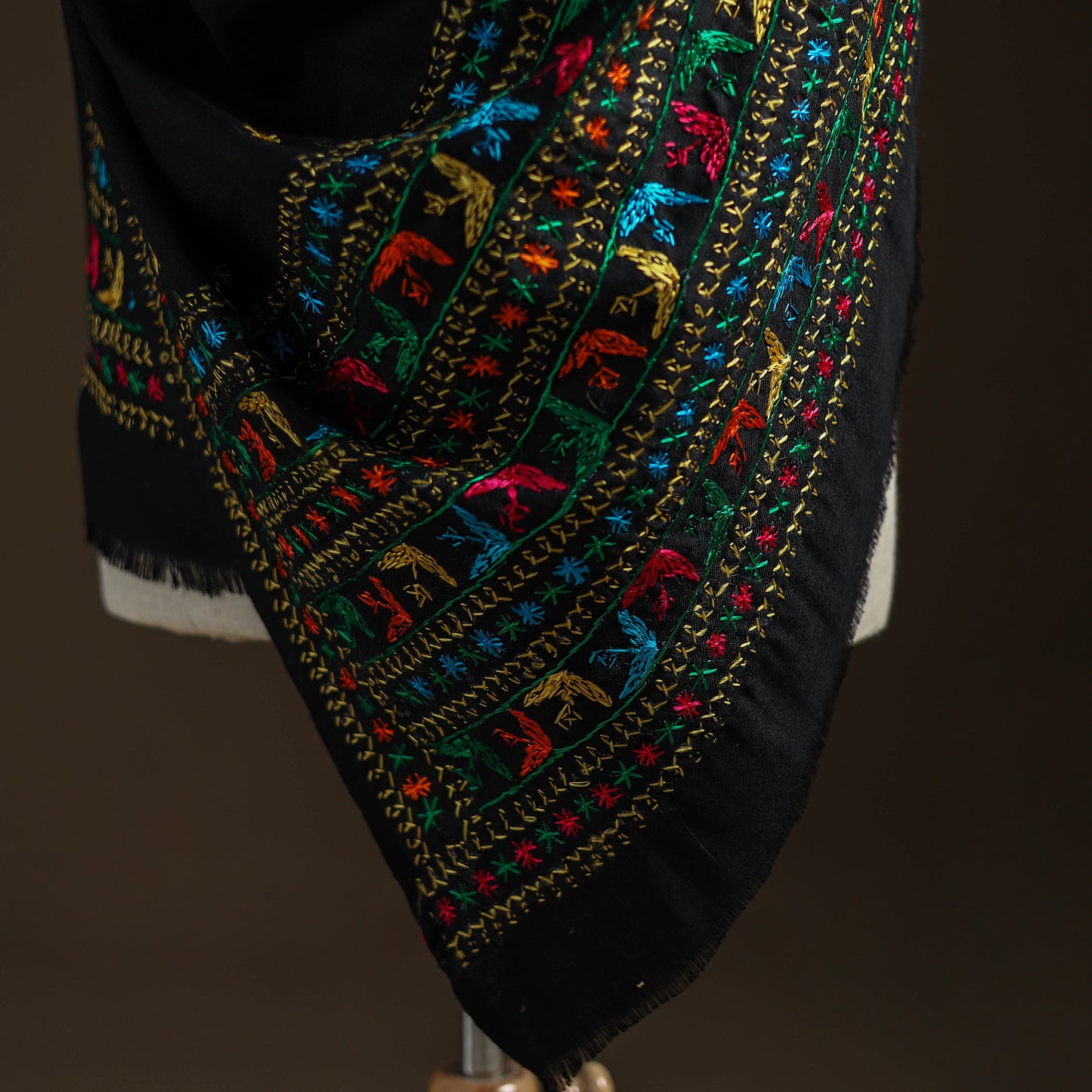 Black - Hand Embroidered Phulkari Wool Shawl 08