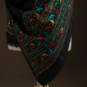 Black - Hand Embroidered Phulkari Wool Shawl 08