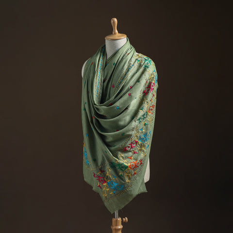 Green - Hand Embroidered Phulkari Wool Shawl 09