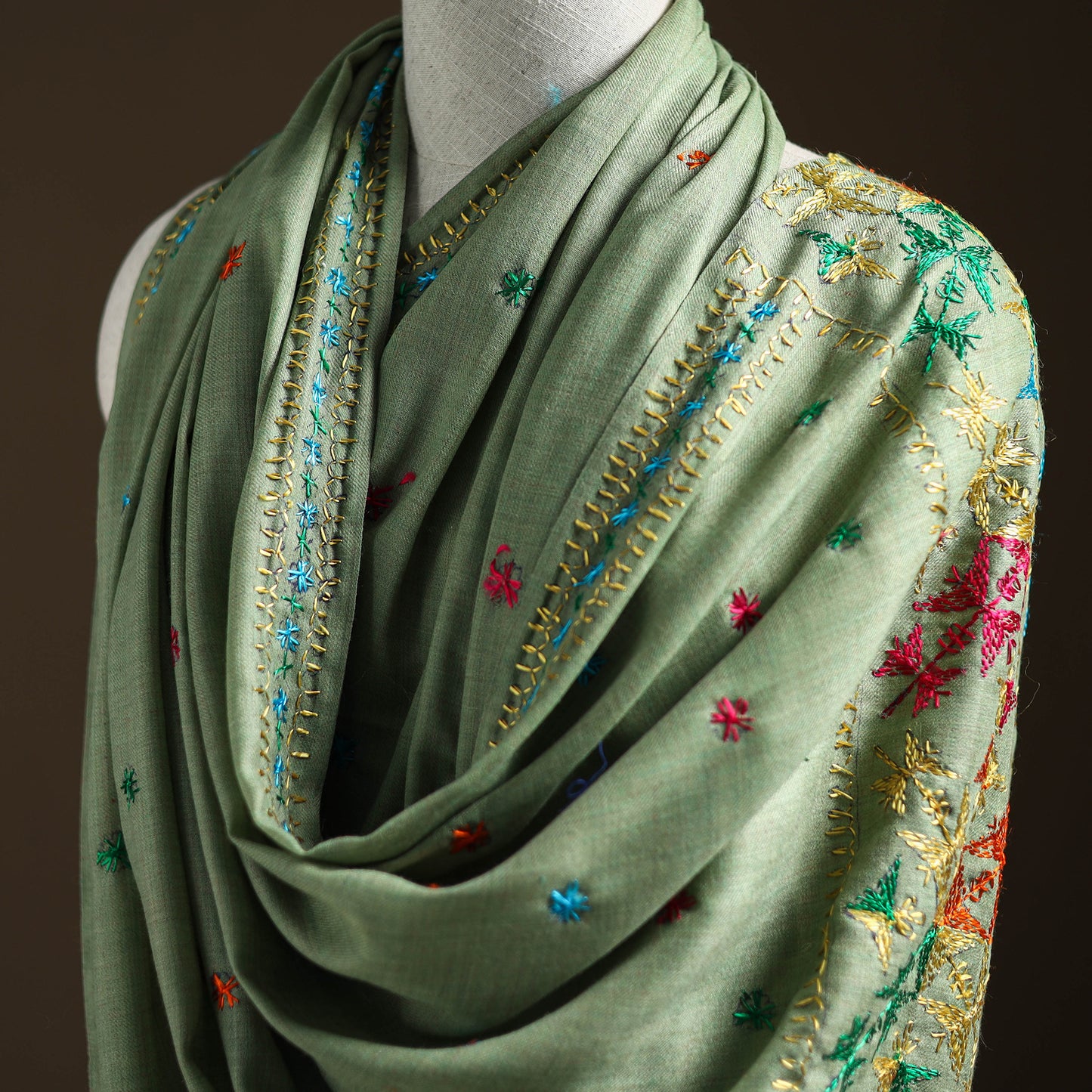 Green - Hand Embroidered Phulkari Wool Shawl 09