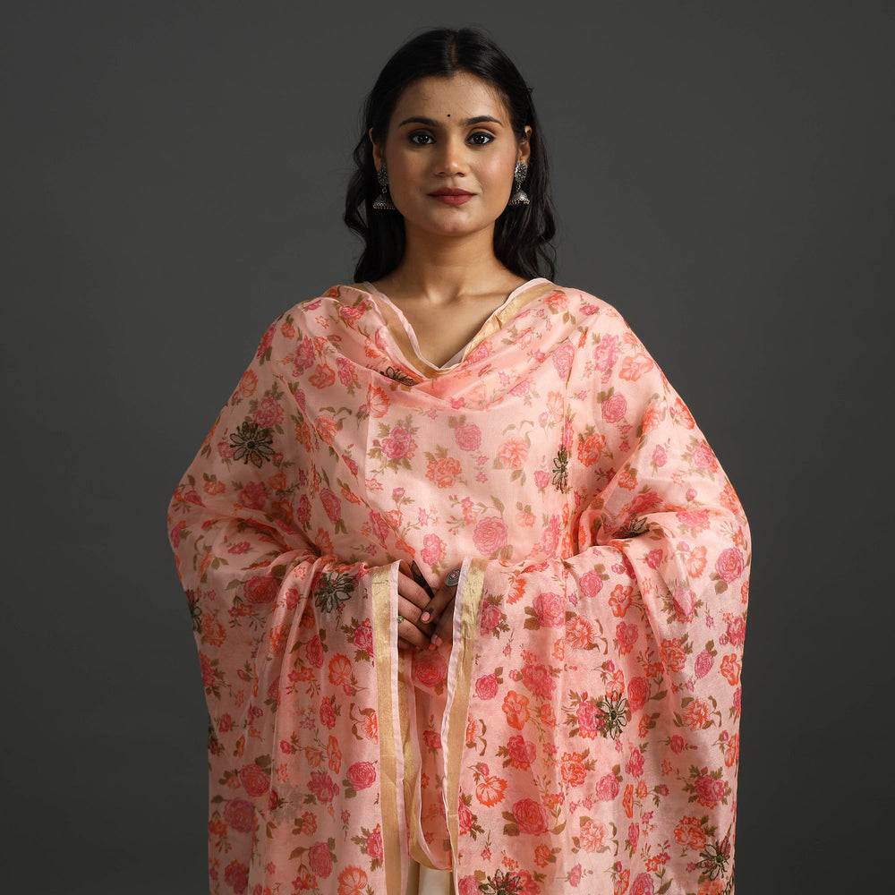 Peach - Lucknow Chikankari Hand Embroidery Organza Silk Zari Border Dupatta 41