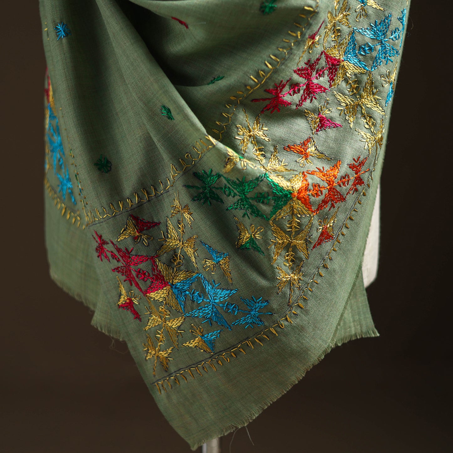 Green - Hand Embroidered Phulkari Wool Shawl 09