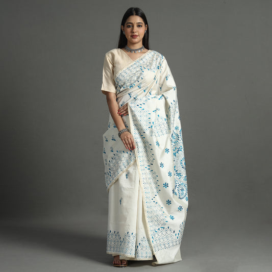 White - Bengal Nakshi Kantha Embroidery Silk Saree 13