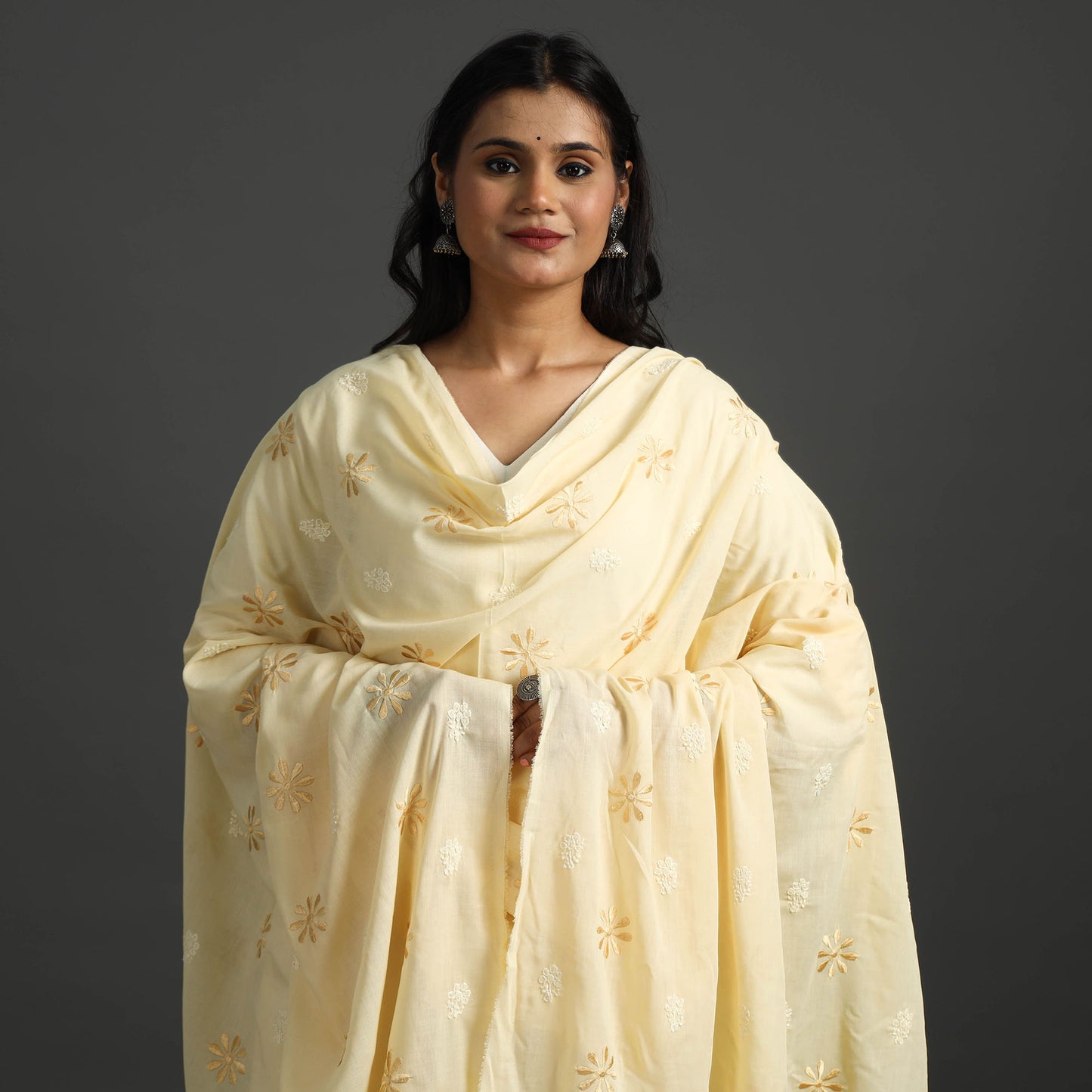 Yellow - Lucknow Chikankari Hand Embroidery Cotton Dupatta 42