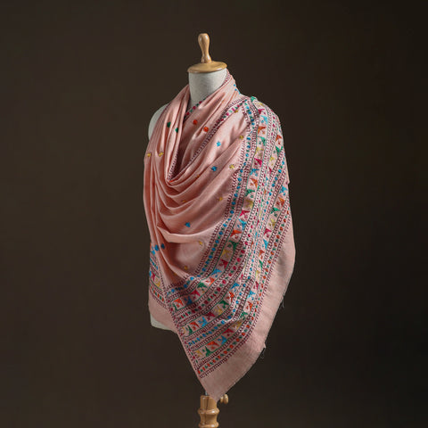 Pink - Hand Embroidered Phulkari Wool Shawl 11