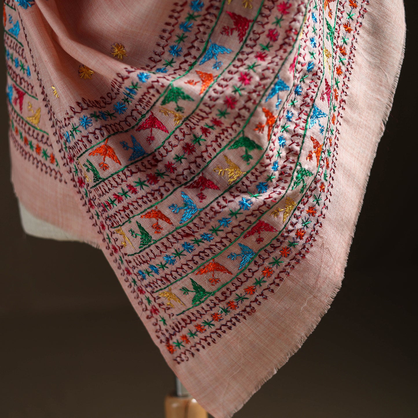 Pink - Hand Embroidered Phulkari Wool Shawl 11