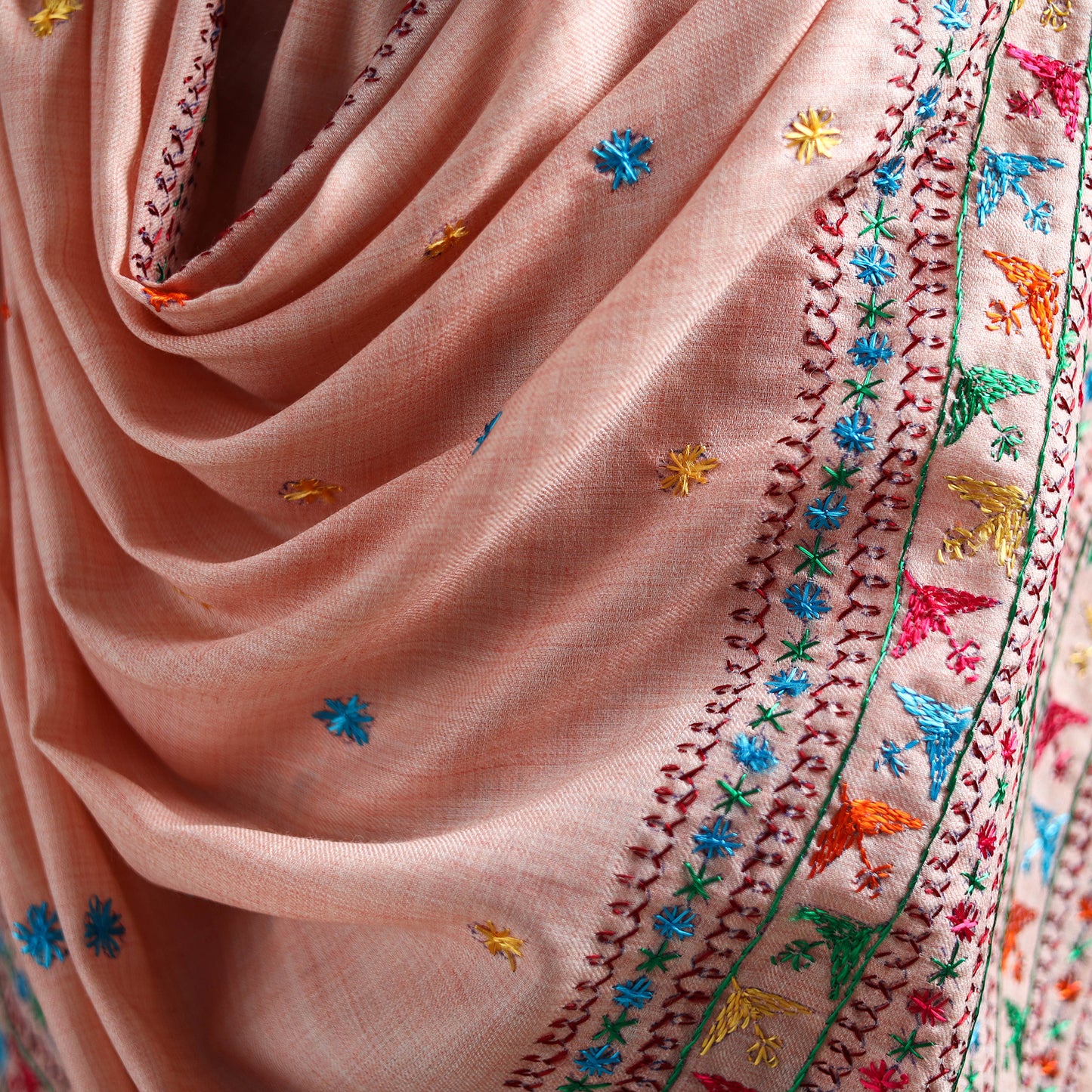 Pink - Hand Embroidered Phulkari Wool Shawl 11