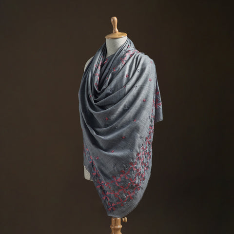 Grey - Hand Embroidered Phulkari Wool Shawl 12