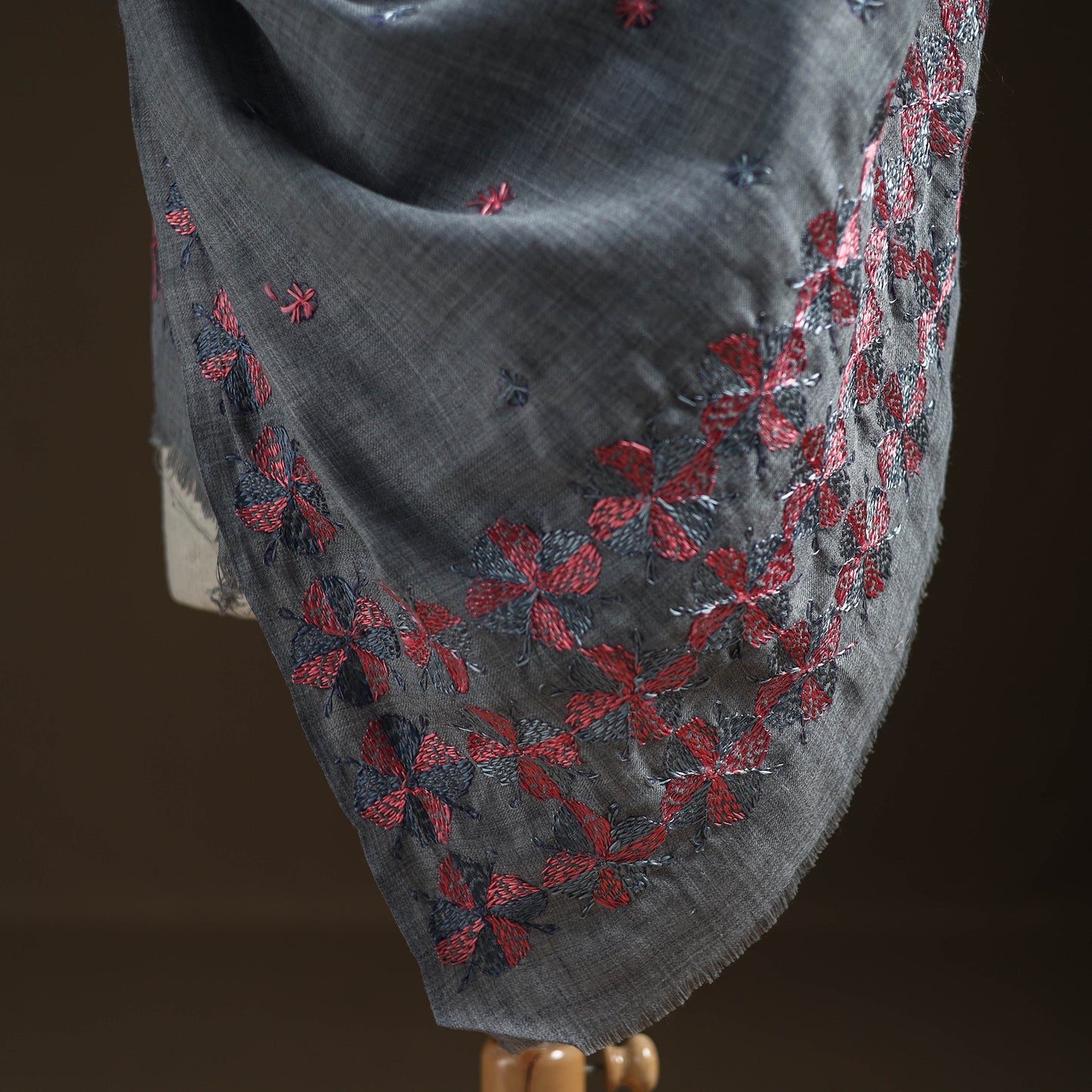 Grey - Hand Embroidered Phulkari Wool Shawl 12