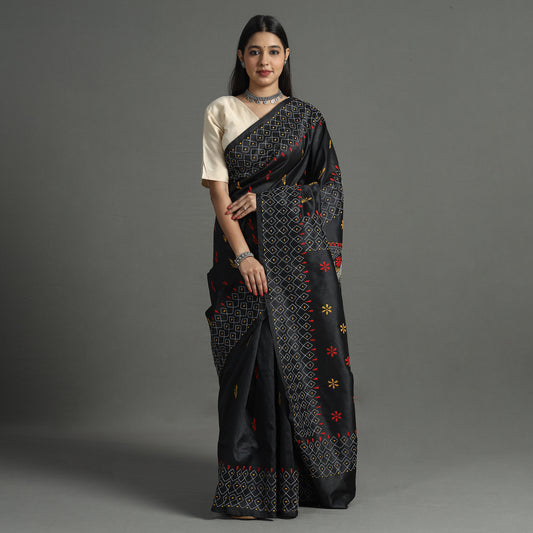 Black - Bengal Nakshi Kantha Embroidery Silk Saree 14