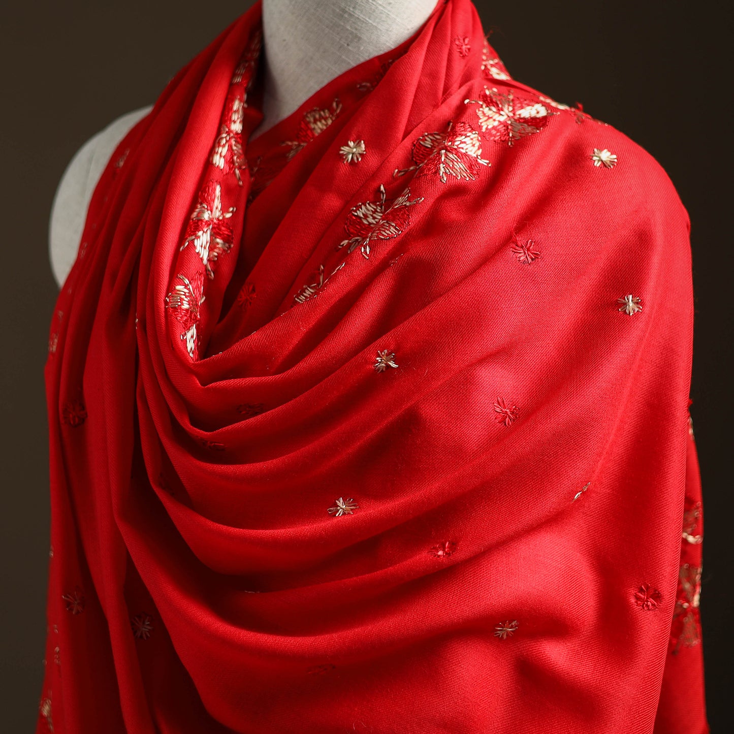 Red - Hand Embroidered Phulkari Wool Shawl 13
