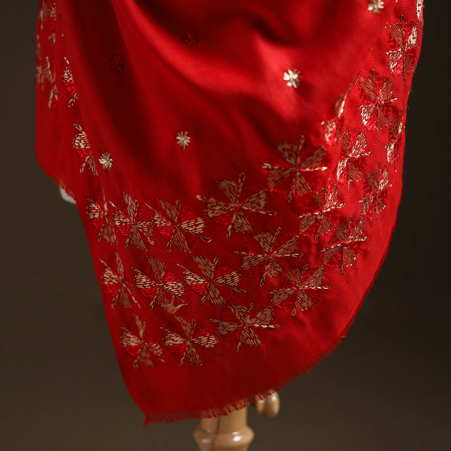 Red - Hand Embroidered Phulkari Wool Shawl 13