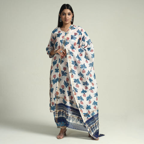 Blue - Sanganeri Block Printed Maheshwari Silk Kurta with Palazzo & Dupatta Set